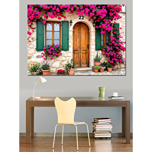 Pembe Çiçekli Taş Ev Dekoratif Kanvas - Mdf Ahşap Tablo 25x35 cm