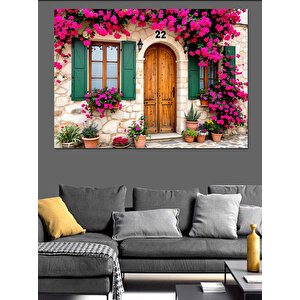 Pembe Çiçekli Taş Ev Dekoratif Kanvas - Mdf Ahşap Tablo