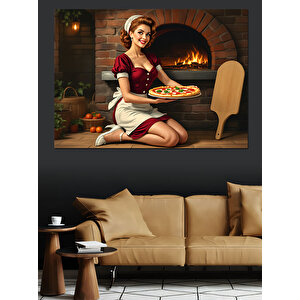 Şömine Başında Pizza Şefi Dekoratif Kanvas - Mdf Ahşap Tablo 35x50 cm