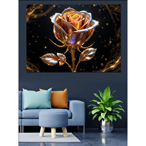 Altın Parlayan Gül Çiçeği Dekoratif Kanvas - Mdf Ahşap Tablo 100x140 cm