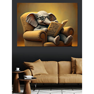 Fil Gazete Okuyor Dekoratif Kanvas - Mdf Ahşap Tablo 100x140 cm