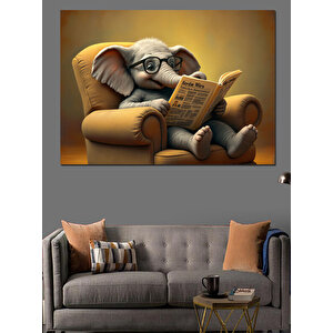 Fil Gazete Okuyor Dekoratif Kanvas - Mdf Ahşap Tablo 100x140 cm