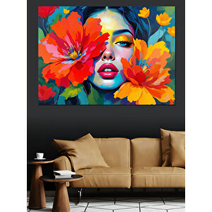 Çiçeklerle Kaplanmış Kadın Dekoratif Kanvas - Mdf Ahşap Tablo 70x100 cm