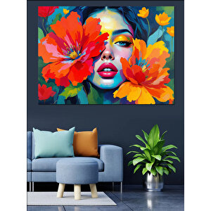 Çiçeklerle Kaplanmış Kadın Dekoratif Kanvas - Mdf Ahşap Tablo 70x100 cm