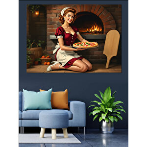 Şömine Başında Pizza Şefi Dekoratif Kanvas - Mdf Ahşap Tablo 100x140 cm