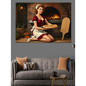 Şömine Başında Pizza Şefi Dekoratif Kanvas - Mdf Ahşap Tablo 100x140 cm