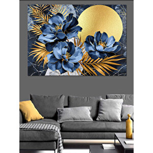 Altın Ve Mavi Çiçekler Dekoratif Kanvas - Mdf Ahşap Tablo 50x70 cm