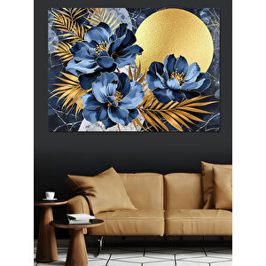 Altın Ve Mavi Çiçekler Dekoratif Kanvas - Mdf Ahşap Tablo 50x70 cm