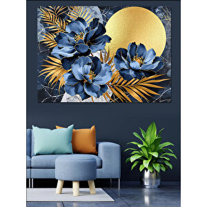 Altın Ve Mavi Çiçekler Dekoratif Kanvas - Mdf Ahşap Tablo 50x70 cm