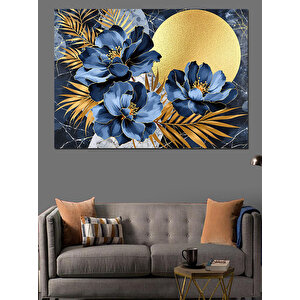 Altın Ve Mavi Çiçekler Dekoratif Kanvas - Mdf Ahşap Tablo