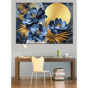 Altın Ve Mavi Çiçekler Dekoratif Kanvas - Mdf Ahşap Tablo