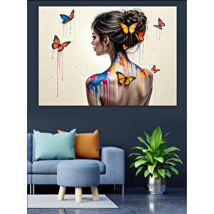 Kelebekli Sanatsal Kadın Portre Dekoratif Kanvas - Mdf Ahşap Tablo 100x140 cm