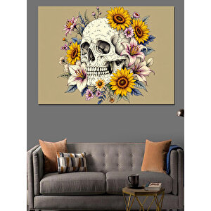 Çiçekli Kafatası Sanatı Dekoratif Kanvas - Mdf Ahşap Tablo 50x70 cm