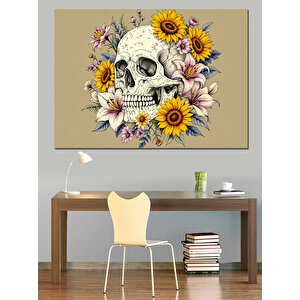 Çiçekli Kafatası Sanatı Dekoratif Kanvas - Mdf Ahşap Tablo 50x70 cm