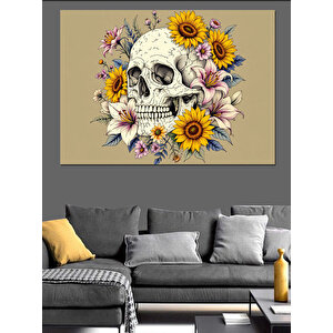 Çiçekli Kafatası Sanatı Dekoratif Kanvas - Mdf Ahşap Tablo 50x70 cm