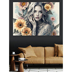 Güneş Çiçekli Kadın Dekoratif Kanvas - Mdf Ahşap Tablo 100x140 cm