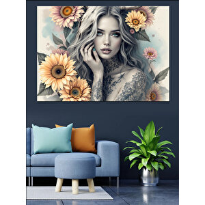 Güneş Çiçekli Kadın Dekoratif Kanvas - Mdf Ahşap Tablo 100x140 cm