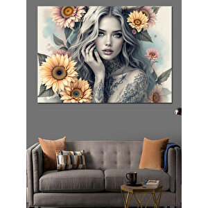 Güneş Çiçekli Kadın Dekoratif Kanvas - Mdf Ahşap Tablo 100x140 cm