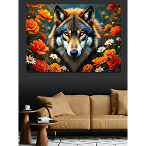 Portakal Çiçekli Kurt Portresi Dekoratif Kanvas - Mdf Ahşap Tablo 50x70 cm
