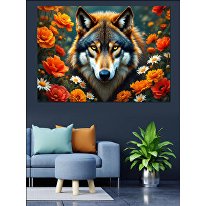 Portakal Çiçekli Kurt Portresi Dekoratif Kanvas - Mdf Ahşap Tablo 50x70 cm