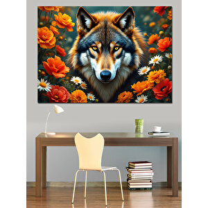 Portakal Çiçekli Kurt Portresi Dekoratif Kanvas - Mdf Ahşap Tablo