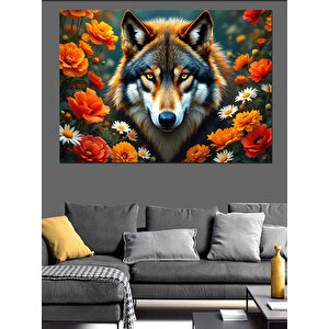 Portakal Çiçekli Kurt Portresi Dekoratif Kanvas - Mdf Ahşap Tablo 70x100 cm