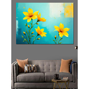 Mavi Zeminde Sarı Çiçekler Dekoratif Kanvas - Mdf Ahşap Tablo 50x70 cm