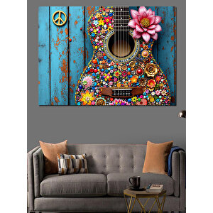 Renkli Çiçekli Akustik Gitar Dekoratif Kanvas - Mdf Ahşap Tablo 35x50 cm