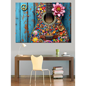 Renkli Çiçekli Akustik Gitar Dekoratif Kanvas - Mdf Ahşap Tablo 50x70 cm