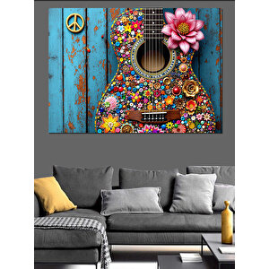 Renkli Çiçekli Akustik Gitar Dekoratif Kanvas - Mdf Ahşap Tablo 50x70 cm