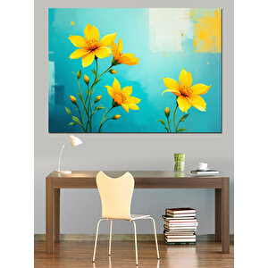 Mavi Zeminde Sarı Çiçekler Dekoratif Kanvas - Mdf Ahşap Tablo 25x35 cm