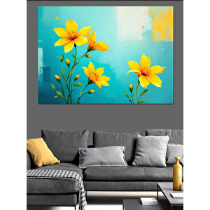 Mavi Zeminde Sarı Çiçekler Dekoratif Kanvas - Mdf Ahşap Tablo 25x35 cm