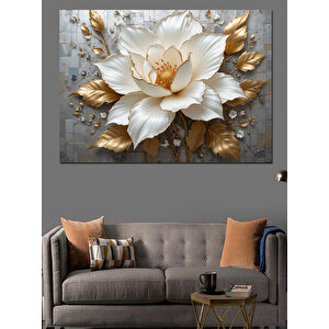 Altın Beyaz Lotus Çiçeği Dekoratif Kanvas - Mdf Ahşap Tablo 100x140 cm