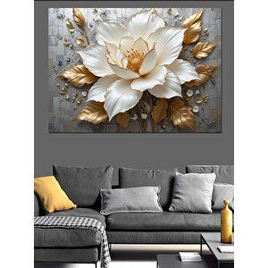 Altın Beyaz Lotus Çiçeği Dekoratif Kanvas - Mdf Ahşap Tablo 100x140 cm