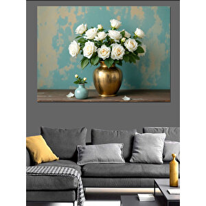Altın Vazoda Beyaz Çiçekler Dekoratif Kanvas - Mdf Ahşap Tablo 50x70 cm