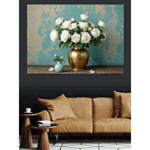 Altın Vazoda Beyaz Çiçekler Dekoratif Kanvas - Mdf Ahşap Tablo 50x70 cm