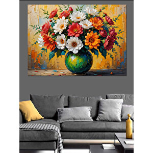 Vazoda Renkli Çiçek Aranjmanı Dekoratif Kanvas - Mdf Ahşap Tablo 50x70 cm
