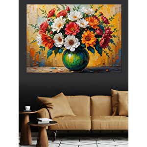 Vazoda Renkli Çiçek Aranjmanı Dekoratif Kanvas - Mdf Ahşap Tablo