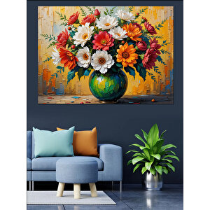 Vazoda Renkli Çiçek Aranjmanı Dekoratif Kanvas - Mdf Ahşap Tablo