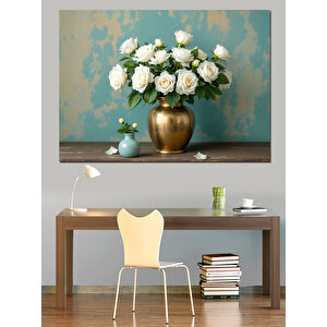 Altın Vazoda Beyaz Çiçekler Dekoratif Kanvas - Mdf Ahşap Tablo 70x100 cm