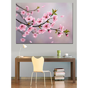 Pembe Çiçekli Dallı Manzara Dekoratif Kanvas - Mdf Ahşap Tablo 35x50 cm