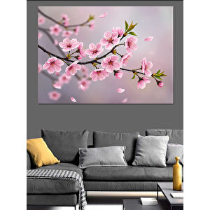 Pembe Çiçekli Dallı Manzara Dekoratif Kanvas - Mdf Ahşap Tablo 35x50 cm