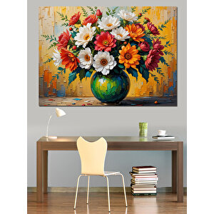 Vazoda Renkli Çiçek Aranjmanı Dekoratif Kanvas - Mdf Ahşap Tablo 70x100 cm