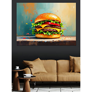 Renk Patlamalı Lezzetli Hamburger Dekoratif Kanvas - Mdf Ahşap Tablo 50x70 cm