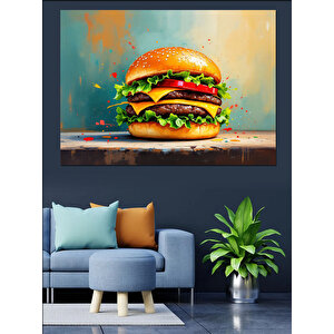 Renk Patlamalı Lezzetli Hamburger Dekoratif Kanvas - Mdf Ahşap Tablo 50x70 cm