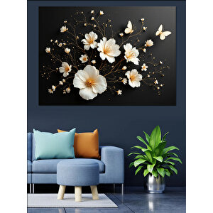 Beyaz Çiçekler Siyah Arka Dekoratif Kanvas - Mdf Ahşap Tablo 70x100 cm