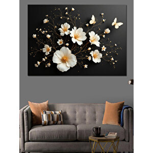Beyaz Çiçekler Siyah Arka Dekoratif Kanvas - Mdf Ahşap Tablo 70x100 cm