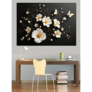 Beyaz Çiçekler Siyah Arka Dekoratif Kanvas - Mdf Ahşap Tablo 70x100 cm