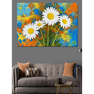 Papatyalar Ve Mavi Fon Dekoratif Kanvas - Mdf Ahşap Tablo 50x70 cm