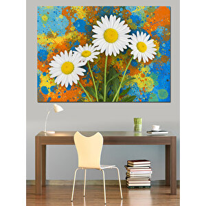 Papatyalar Ve Mavi Fon Dekoratif Kanvas - Mdf Ahşap Tablo 50x70 cm